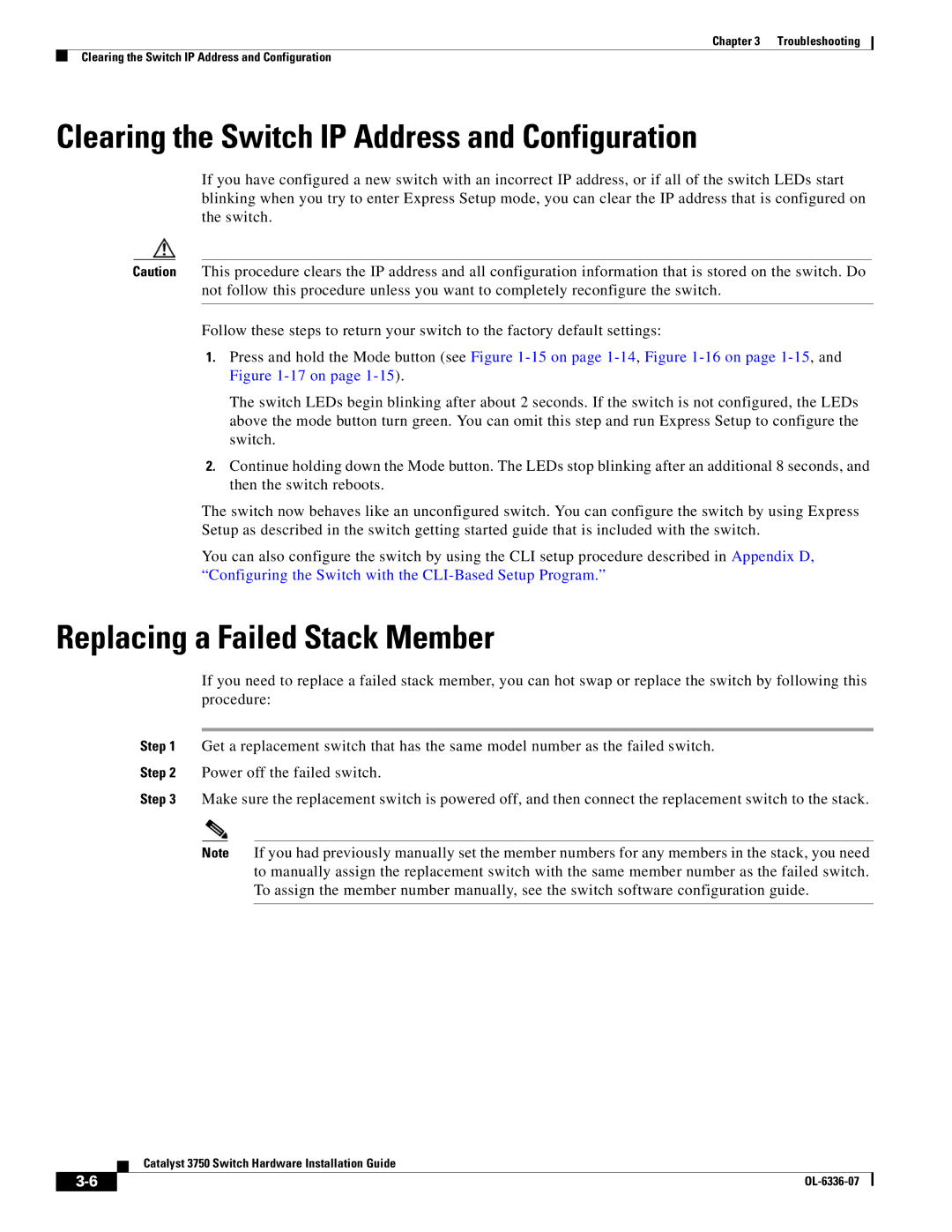 Cisco Systems WSC3750X24TS specifications Clearing the Switch IP Address and Configuration, Replacing a Failed Stack Member 