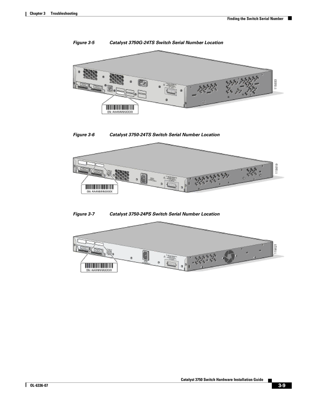 Cisco Systems WSC3750X24TS specifications Catalyst 3750G-24TS Switch Serial Number Location 