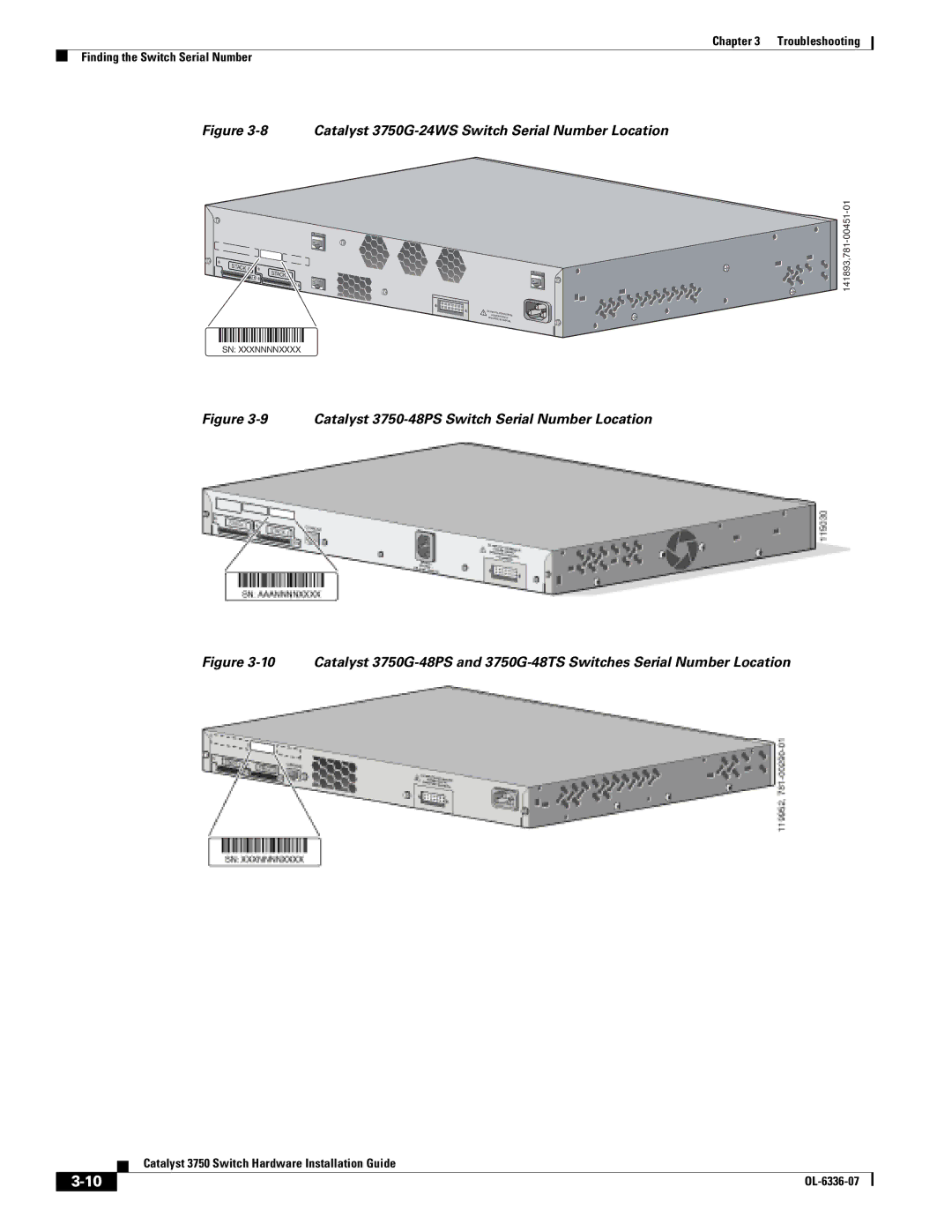 Cisco Systems WSC3750X24TS specifications Catalyst 3750G-24WS Switch Serial Number Location 