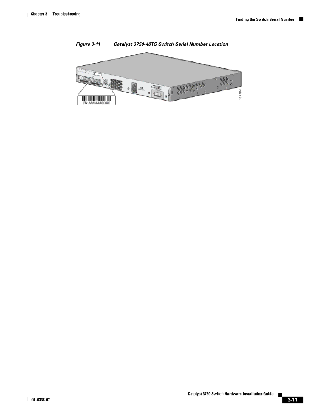 Cisco Systems WSC3750X24TS specifications Catalyst 3750-48TS Switch Serial Number Location 