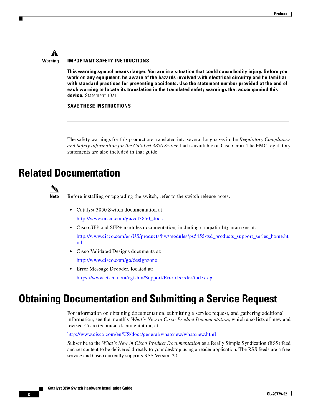 Cisco Systems C3850NM210G, WSC385024TS Related Documentation, Obtaining Documentation and Submitting a Service Request 