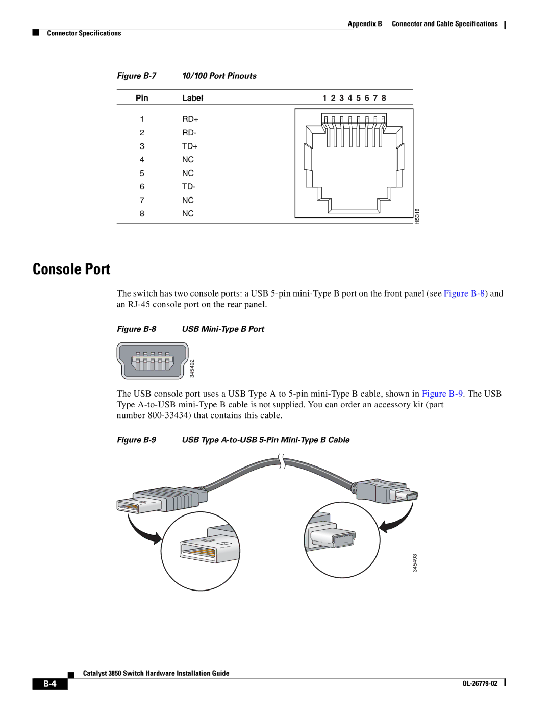 Cisco Systems C3850NM210G, WSC385024TS, C3850NM41G manual Console Port, Figure B-7 10/100 Port Pinouts 