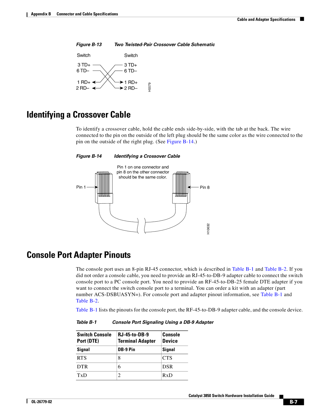 Cisco Systems C3850NM210G, WSC385024TS, C3850NM41G manual Identifying a Crossover Cable, Console Port Adapter Pinouts, Device 