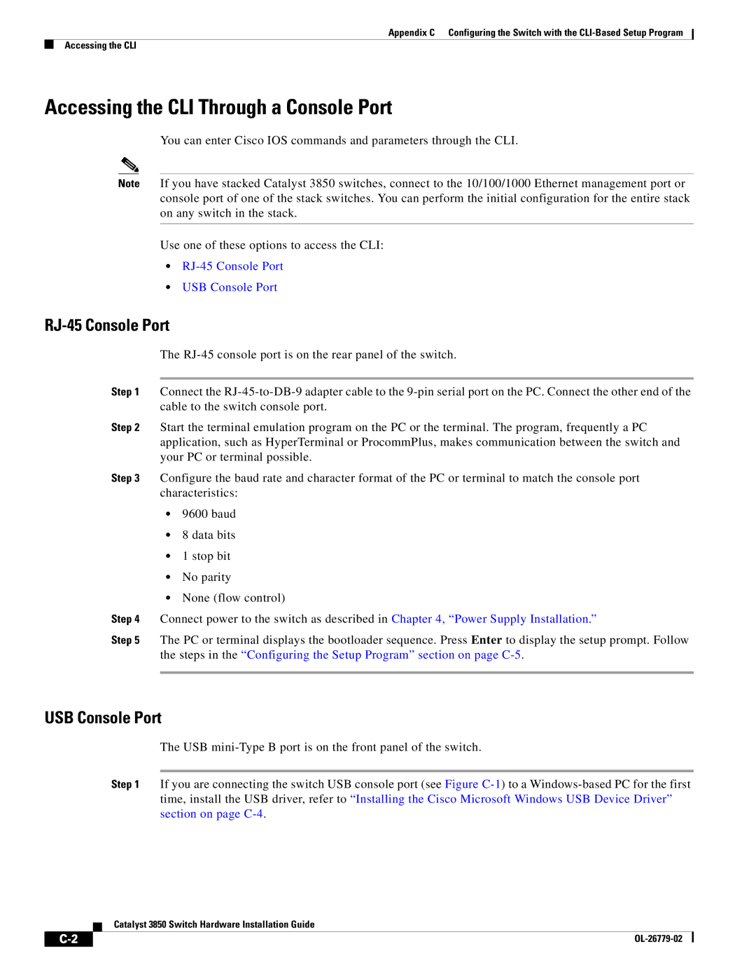 Cisco Systems WSC385024TS, C3850NM210G, C3850NM41G manual Accessing the CLI Through a Console Port, USB Console Port 