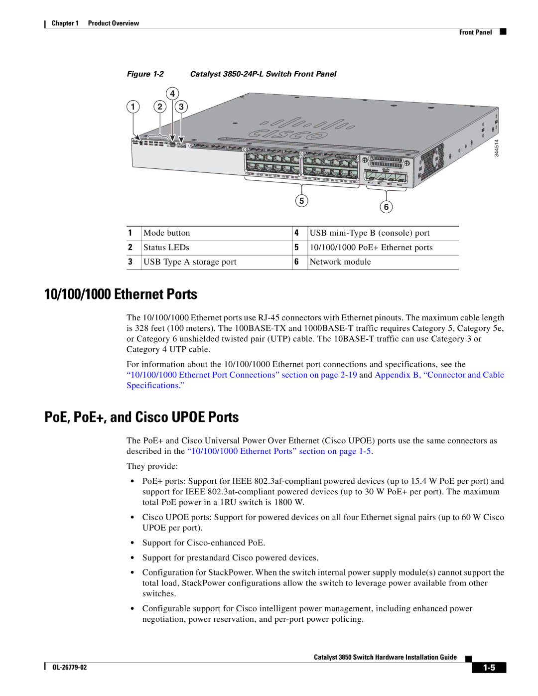 Cisco Systems WSC385024TS, C3850NM210G, C3850NM41G manual 10/100/1000 Ethernet Ports, PoE, PoE+, and Cisco Upoe Ports 