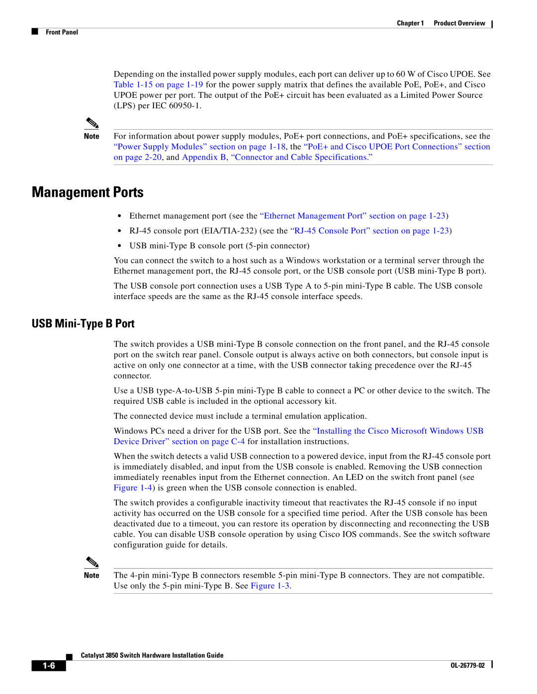 Cisco Systems C3850NM210G, WSC385024TS, C3850NM41G manual Management Ports, USB Mini-Type B Port 