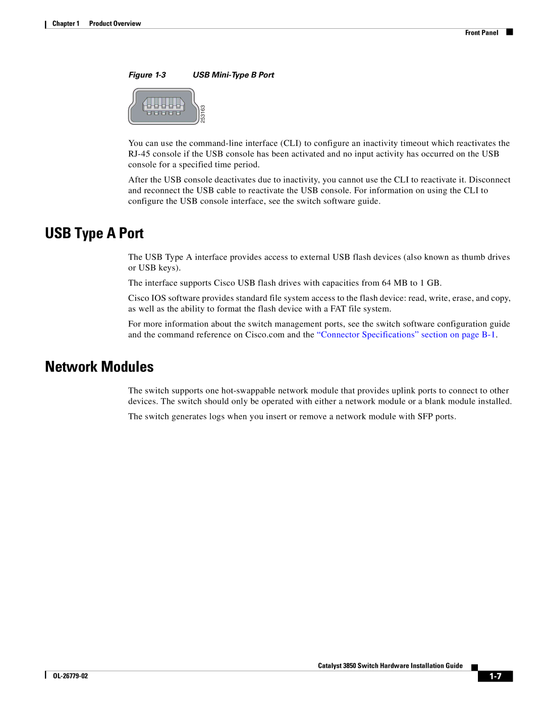 Cisco Systems C3850NM41G, WSC385024TS, C3850NM210G manual USB Type a Port, Network Modules 