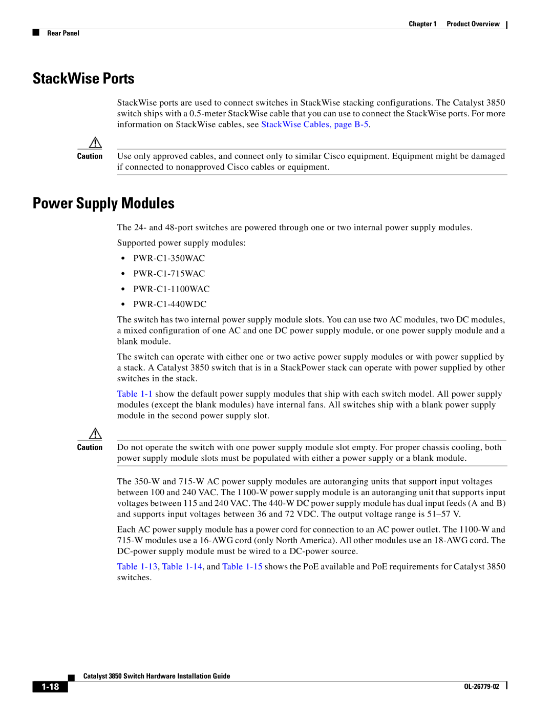 Cisco Systems C3850NM210G, WSC385024TS, C3850NM41G manual StackWise Ports, Power Supply Modules 