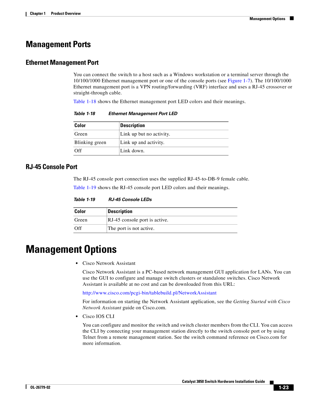 Cisco Systems WSC385024TS, C3850NM210G, C3850NM41G manual Management Options, Ethernet Management Port, RJ-45 Console Port 