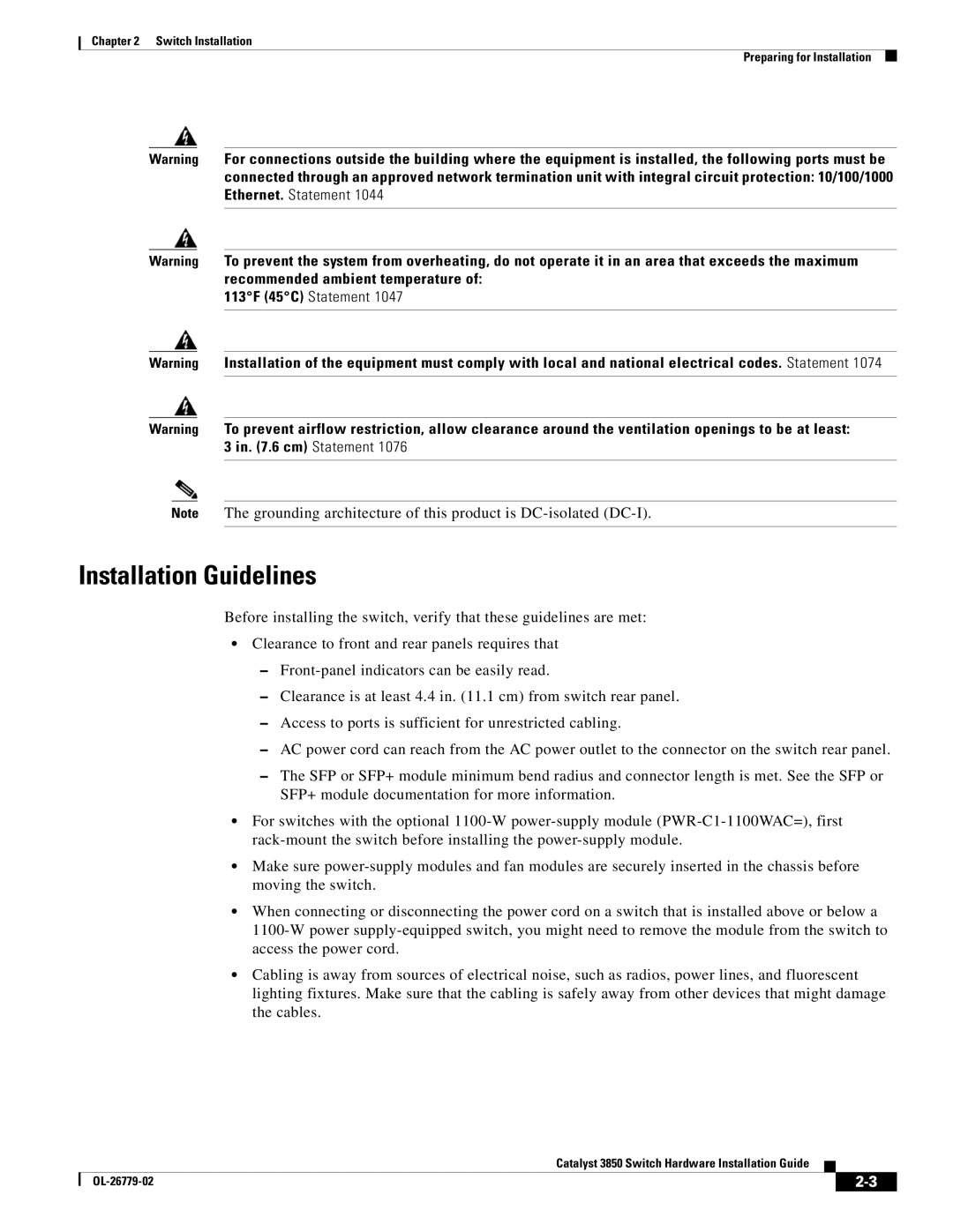 Cisco Systems C3850NM210G, WSC385024TS, C3850NM41G manual Installation Guidelines 