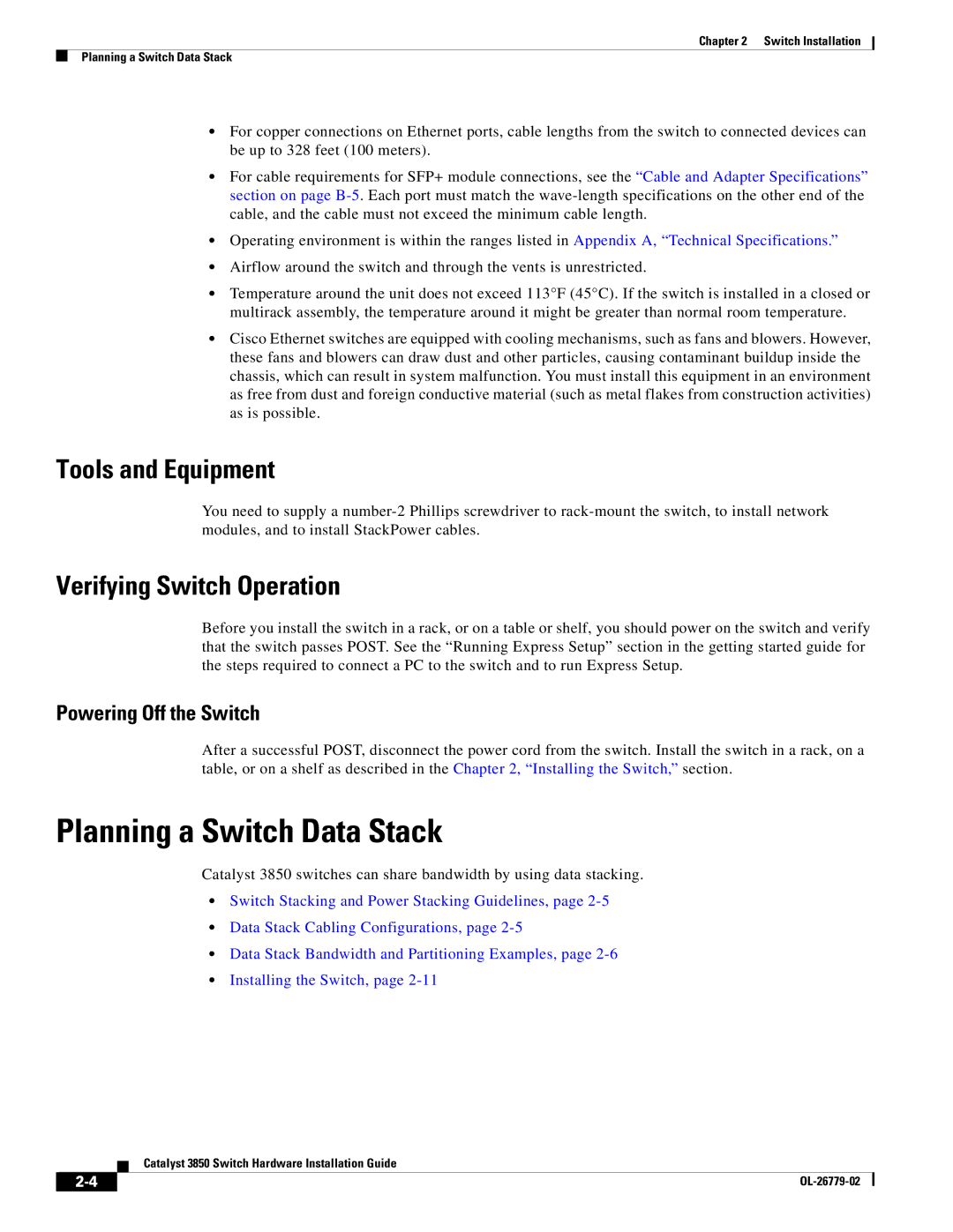 Cisco Systems C3850NM41G, WSC385024TS manual Planning a Switch Data Stack, Tools and Equipment, Verifying Switch Operation 