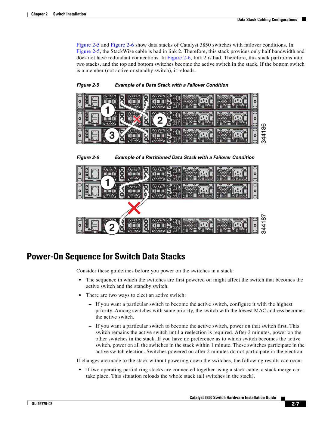 Cisco Systems C3850NM41G manual Power-On Sequence for Switch Data Stacks, Example of a Data Stack with a Failover Condition 