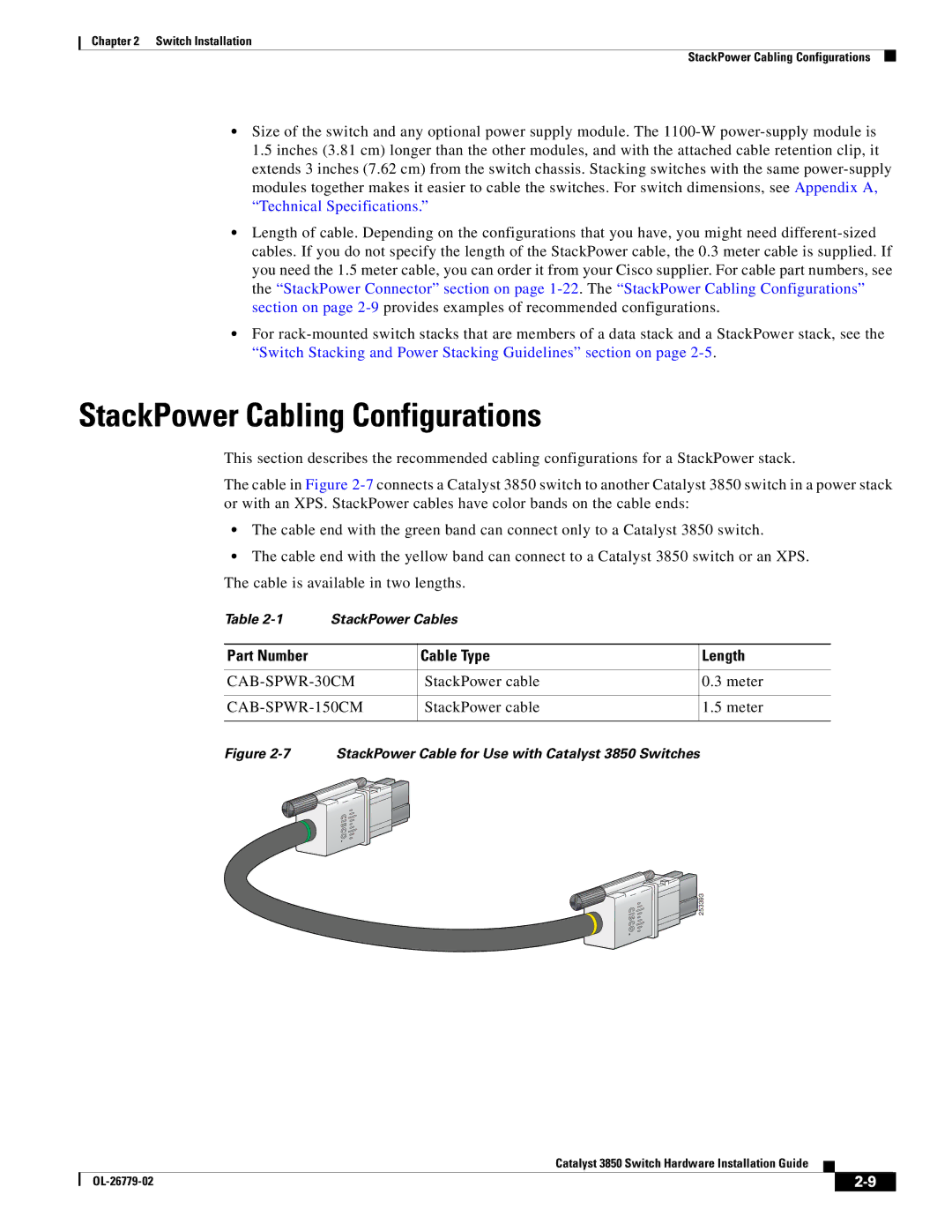 Cisco Systems C3850NM210G, WSC385024TS, C3850NM41G manual StackPower Cabling Configurations, Part Number Cable Type Length 