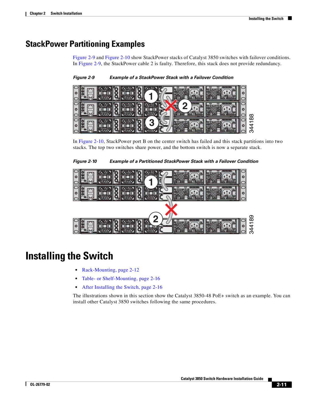 Cisco Systems WSC385024TS, C3850NM210G, C3850NM41G manual Installing the Switch, StackPower Partitioning Examples 