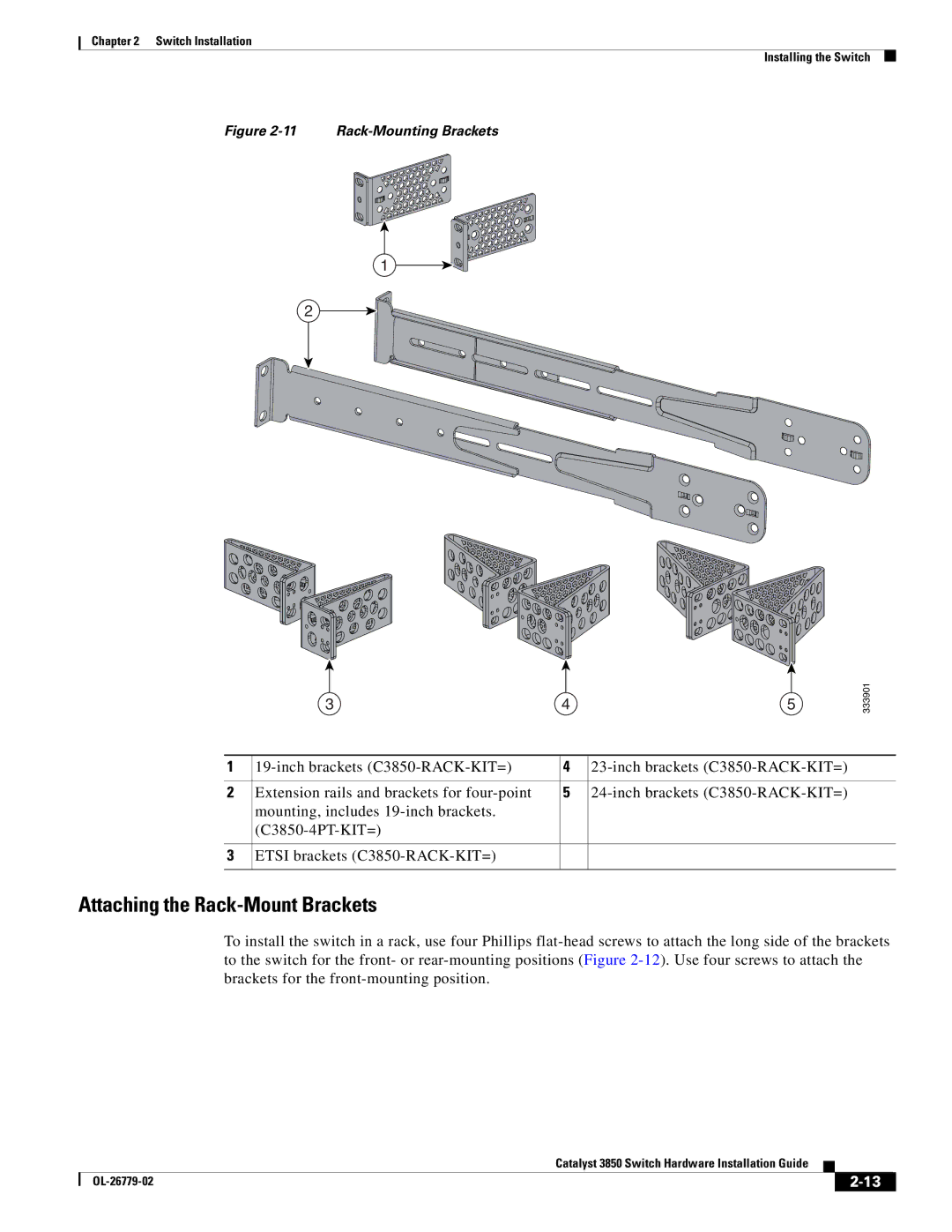 Cisco Systems C3850NM41G, WSC385024TS, C3850NM210G manual Attaching the Rack-Mount Brackets, Rack-Mounting Brackets 