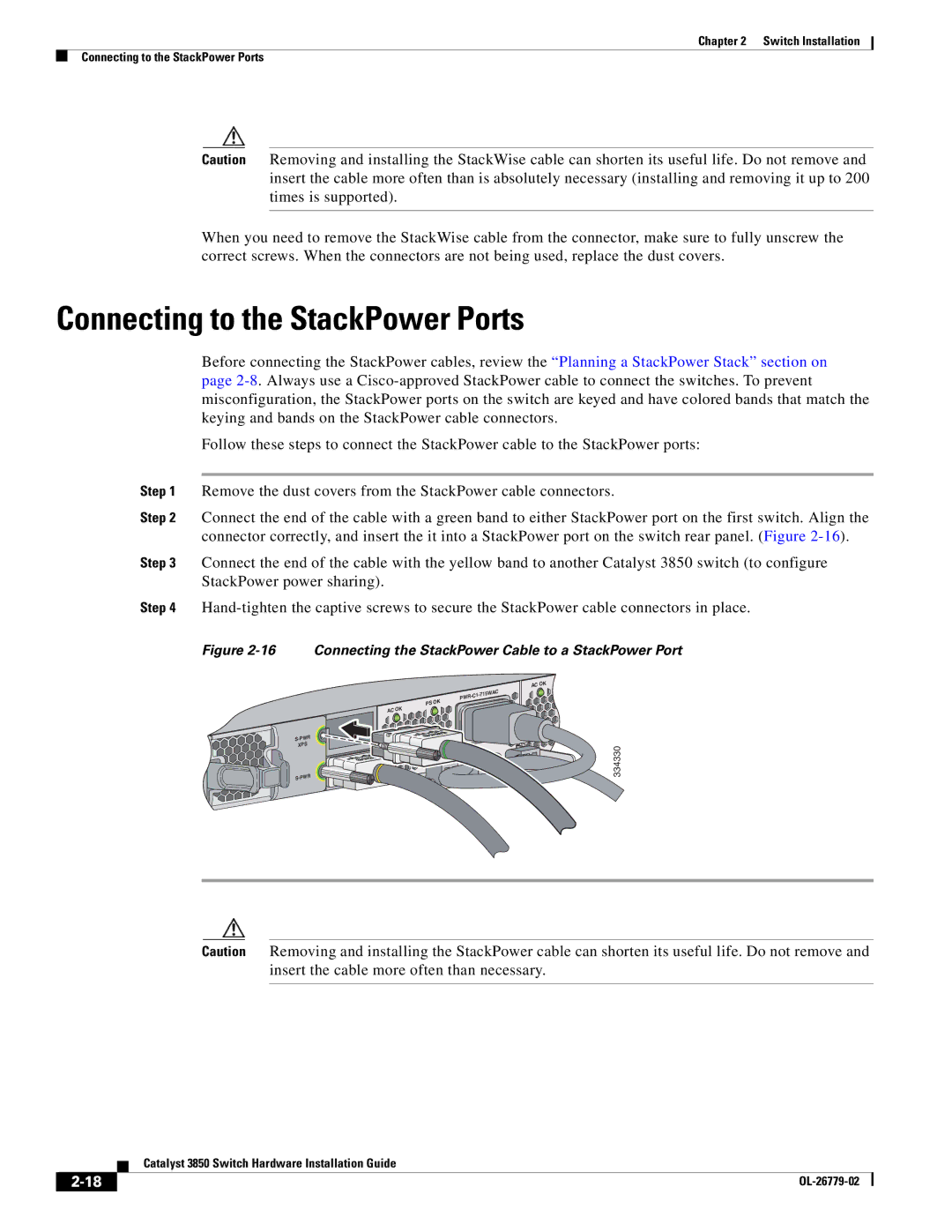 Cisco Systems C3850NM210G manual Connecting to the StackPower Ports, Connecting the StackPower Cable to a StackPower Port 