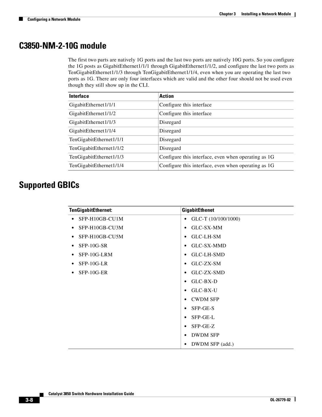 Cisco Systems C3850NM210G, WSC385024TS manual C3850-NM-2-10G module, Supported GBICs, TenGigabitEthernet GigabitEthenet 