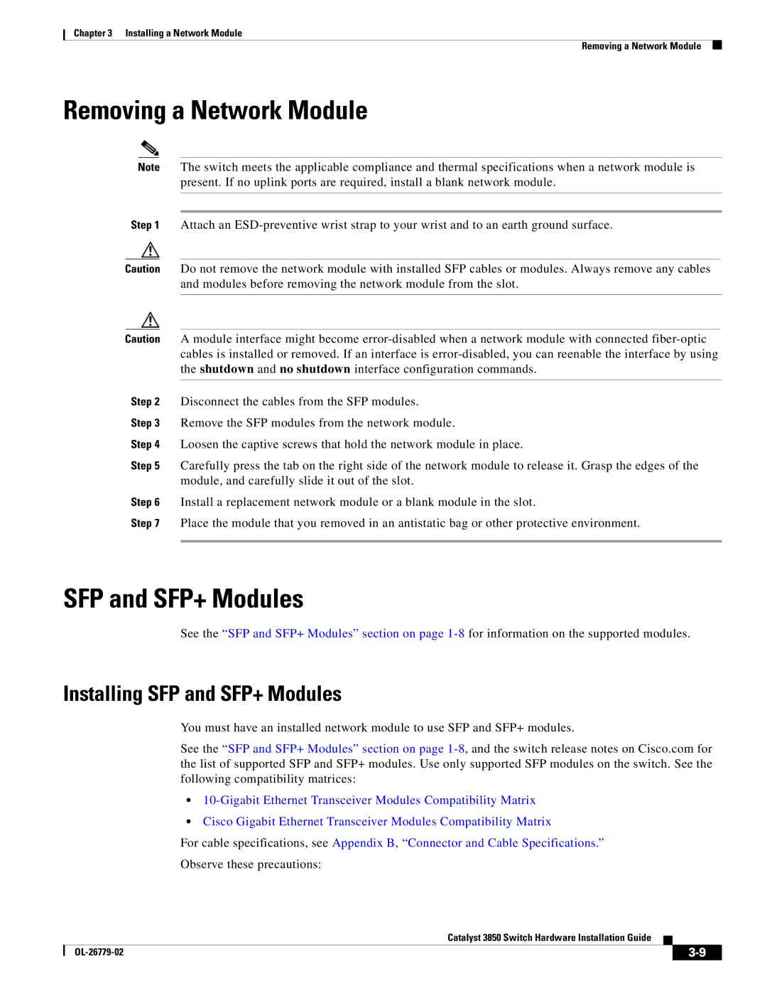 Cisco Systems C3850NM41G, WSC385024TS, C3850NM210G manual Removing a Network Module, Installing SFP and SFP+ Modules 