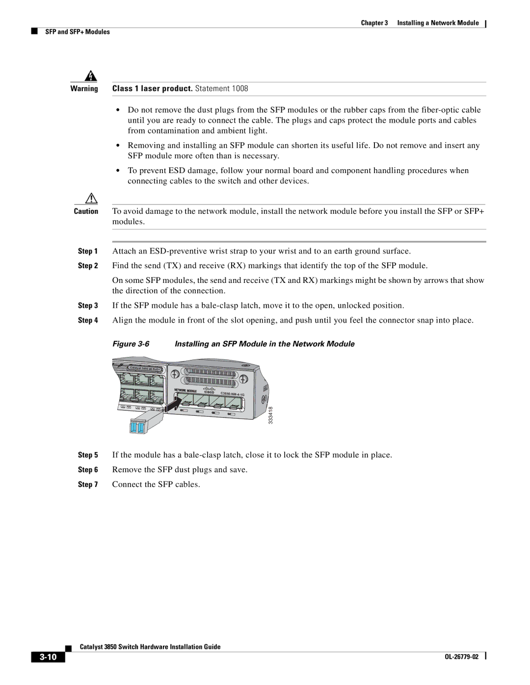 Cisco Systems WSC385024TS, C3850NM210G, C3850NM41G manual Installing an SFP Module in the Network Module 