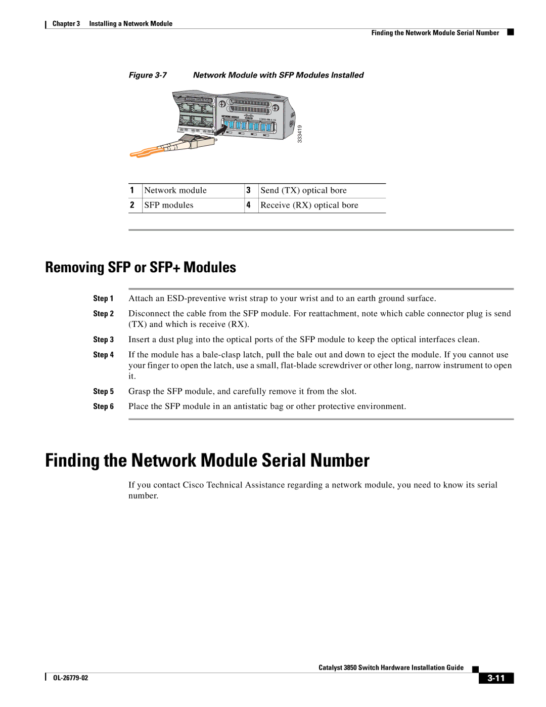 Cisco Systems C3850NM210G, WSC385024TS, C3850NM41G Finding the Network Module Serial Number, Removing SFP or SFP+ Modules 