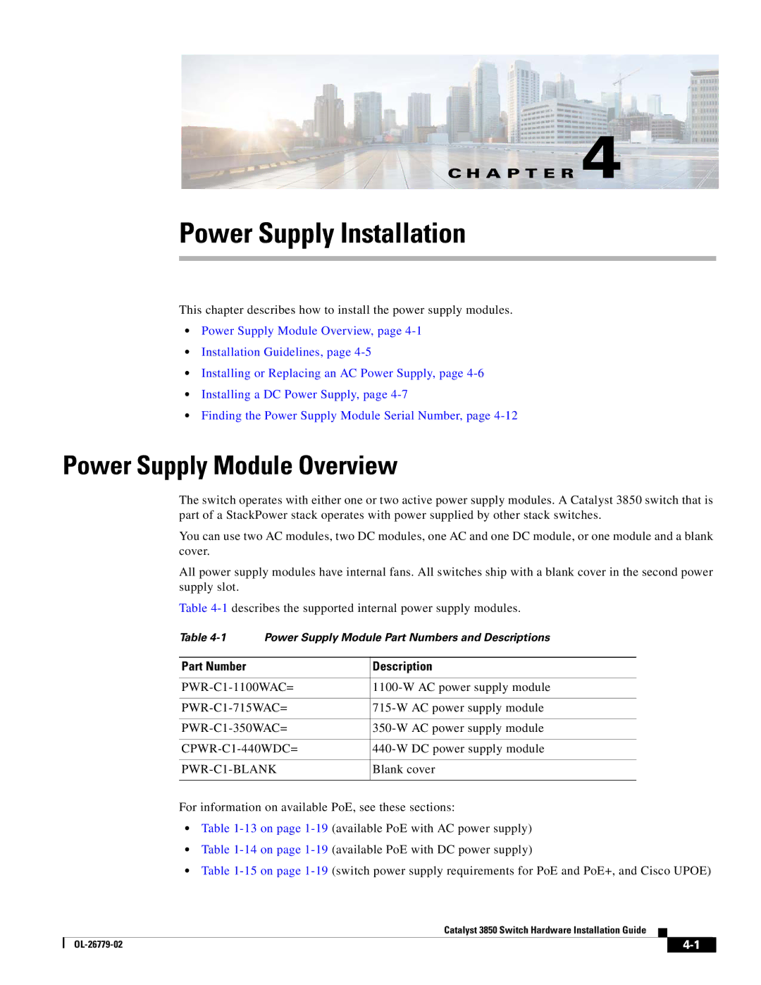 Cisco Systems WSC385024TS, C3850NM210G Power Supply Installation, Power Supply Module Overview, Part Number Description 