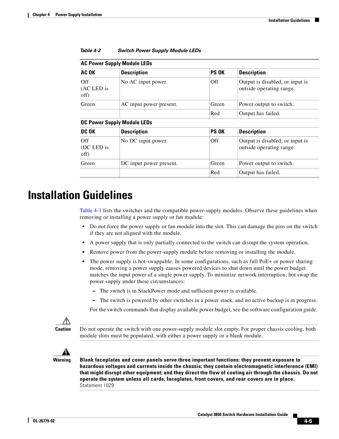 Cisco Systems C3850NM210G, WSC385024TS Installation Guidelines, AC Power Supply Module LEDs, DC Power Supply Module LEDs 