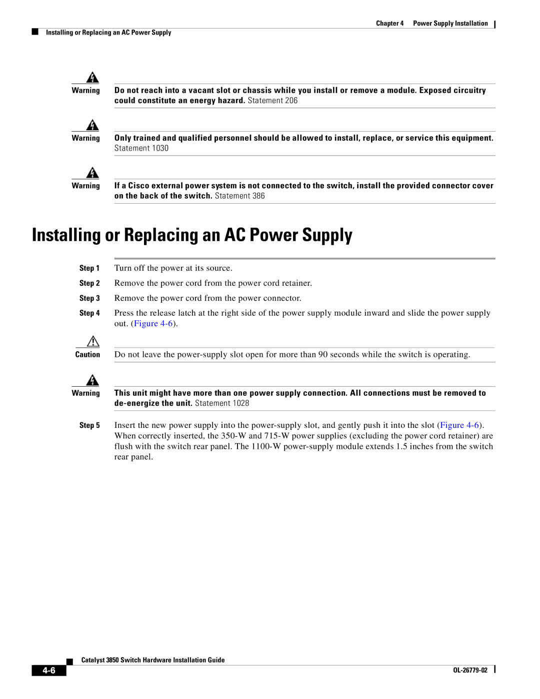 Cisco Systems C3850NM41G, WSC385024TS, C3850NM210G manual Installing or Replacing an AC Power Supply 