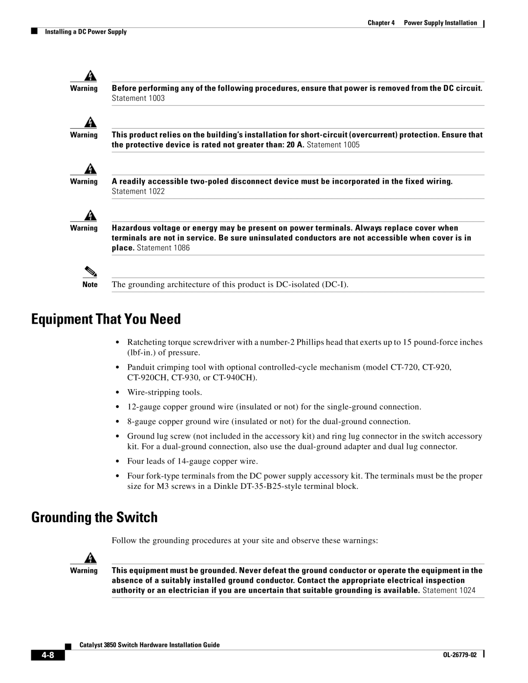 Cisco Systems C3850NM210G, WSC385024TS, C3850NM41G manual Equipment That You Need, Grounding the Switch 