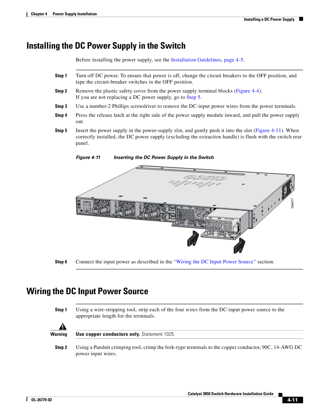 Cisco Systems C3850NM210G, WSC385024TS manual Installing the DC Power Supply in the Switch, Wiring the DC Input Power Source 