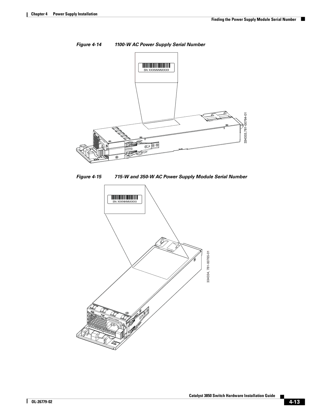 Cisco Systems WSC385024TS, C3850NM210G, C3850NM41G manual 14 1100-W AC Power Supply Serial Number 