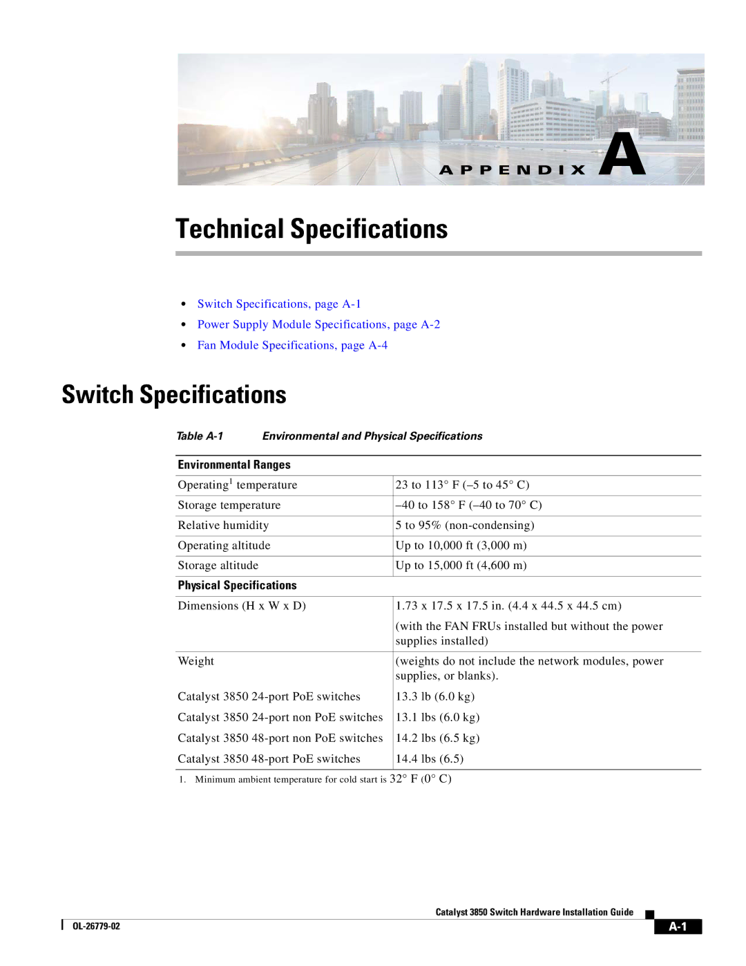 Cisco Systems WSC385024TS Technical Specifications, Switch Specifications, Environmental Ranges, Physical Specifications 