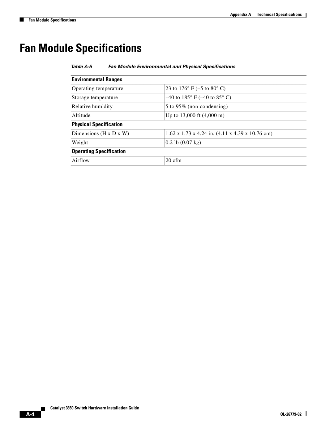 Cisco Systems WSC385024TS, C3850NM210G manual Fan Module Specifications, Physical Specification, Operating Specification 