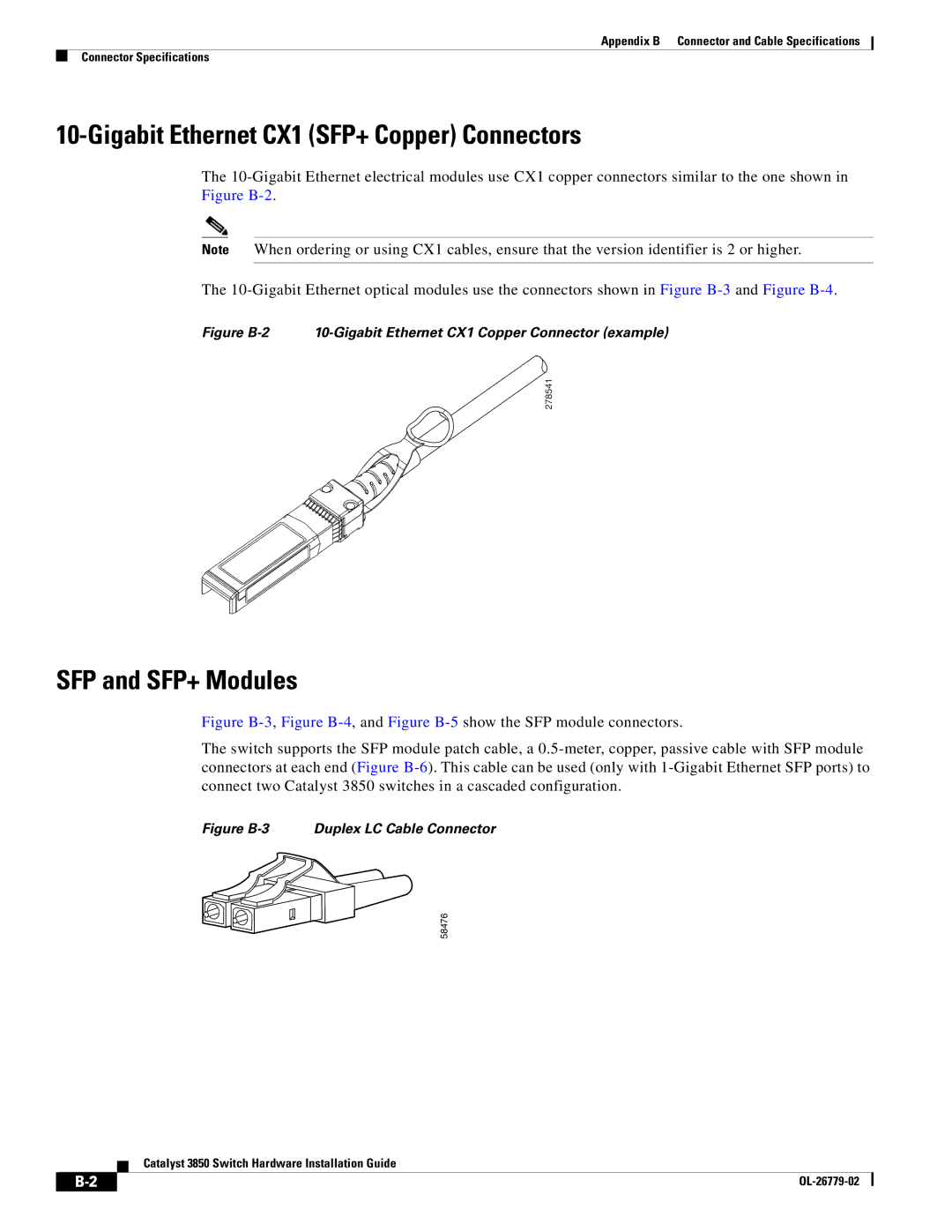 Cisco Systems C3850NM41G, WSC385024TS, C3850NM210G manual Gigabit Ethernet CX1 SFP+ Copper Connectors, SFP and SFP+ Modules 