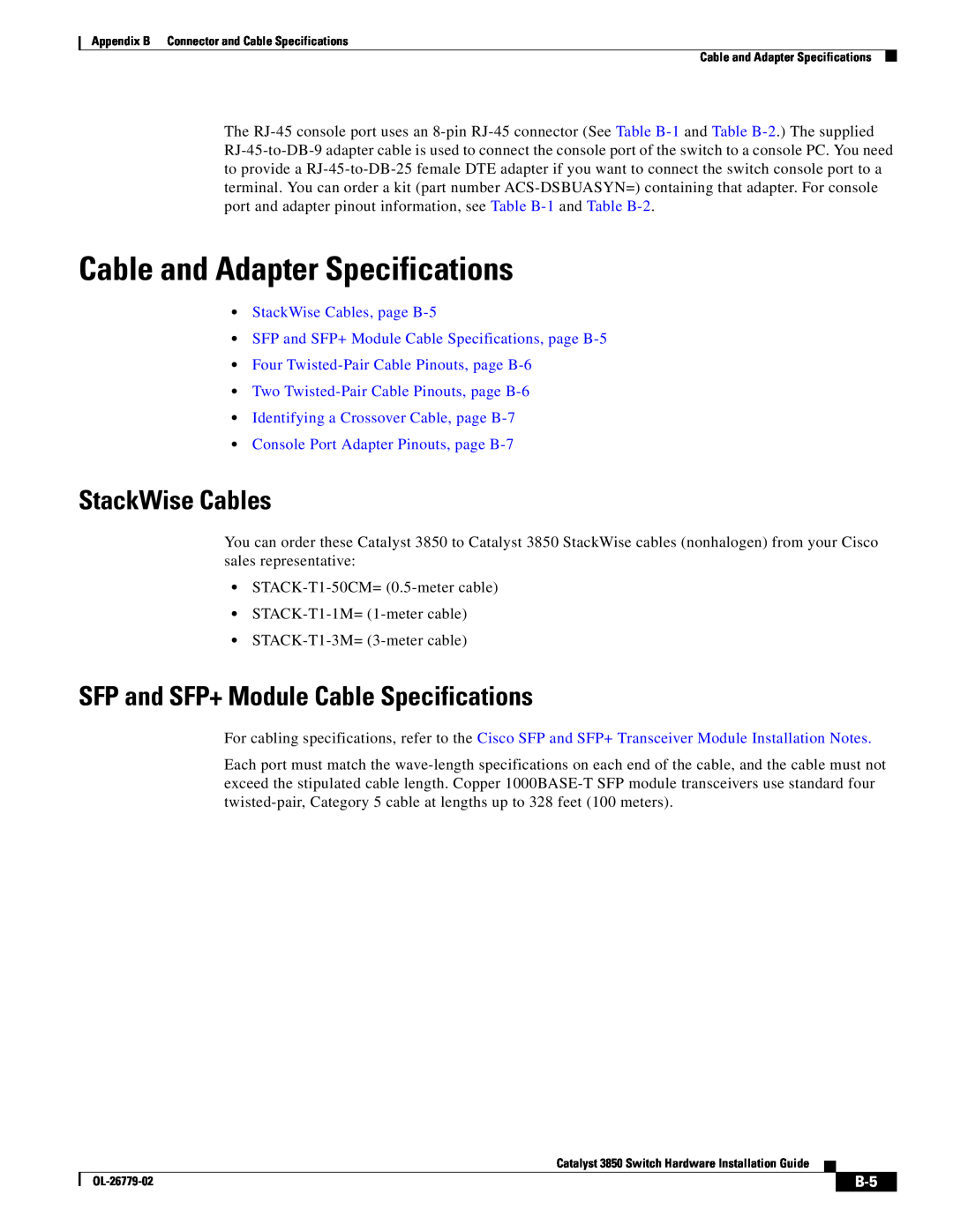 Cisco Systems C3850NM41G Cable and Adapter Specifications, StackWise Cables, SFP and SFP+ Module Cable Specifications 