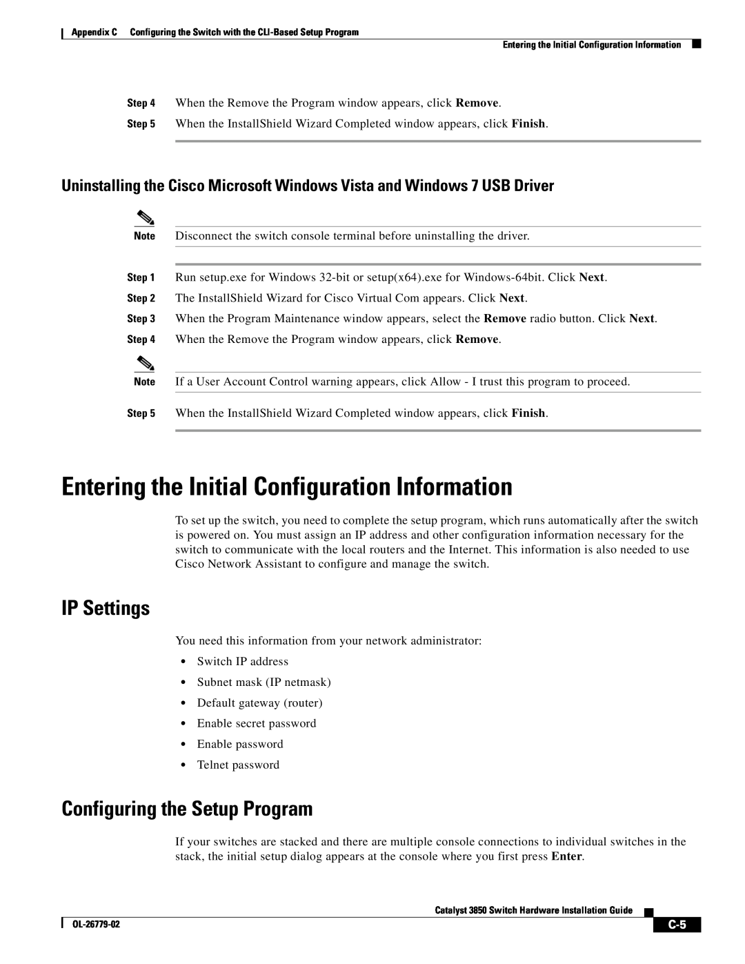 Cisco Systems WSC385024TS manual Entering the Initial Configuration Information, IP Settings, Configuring the Setup Program 
