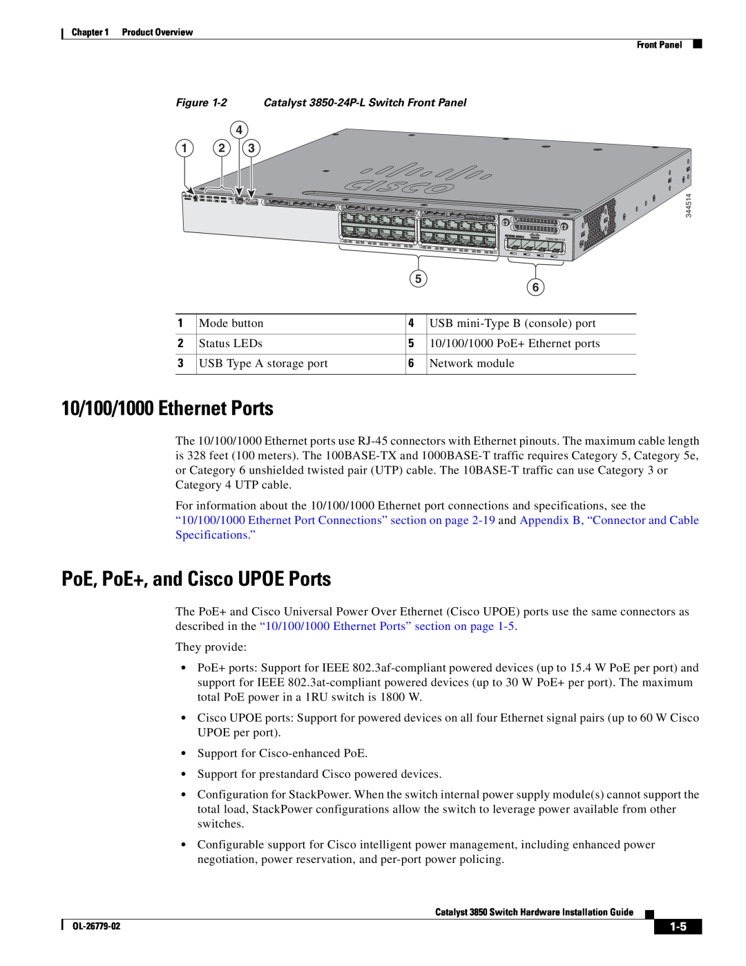 Cisco Systems WSC385024TS, C3850NM210G, C3850NM41G manual 10/100/1000 Ethernet Ports, PoE, PoE+, and Cisco UPOE Ports 