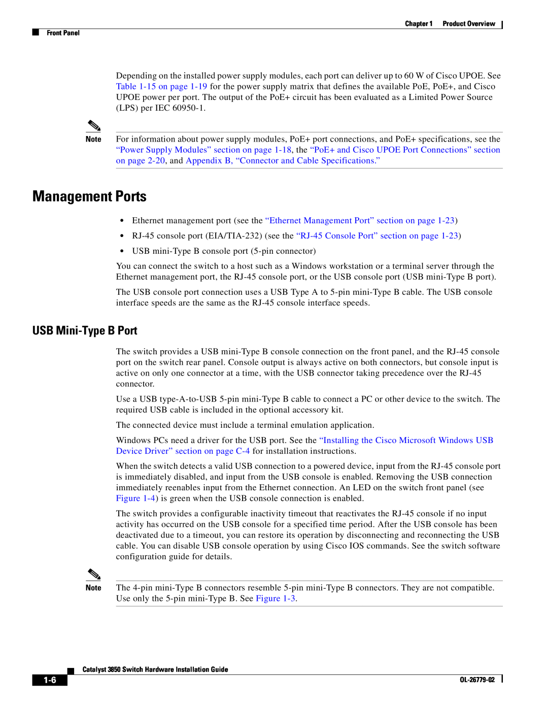Cisco Systems C3850NM210G, WSC385024TS, C3850NM41G manual Management Ports, USB Mini-Type B Port 