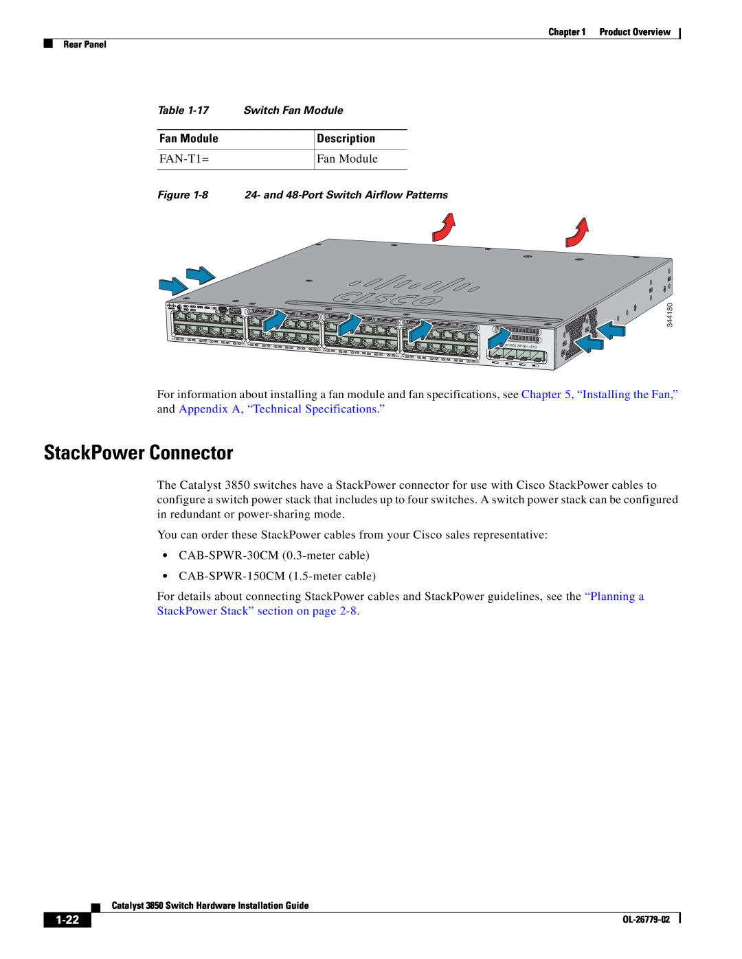 Cisco Systems C3850NM41G, WSC385024TS, C3850NM210G manual StackPower Connector, 1-22, Fan Module, Description, FAN-T1= 