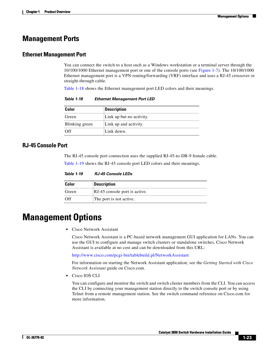 Cisco Systems WSC385024TS manual Management Options, Ethernet Management Port, RJ-45 Console Port, 1-23, Management Ports 