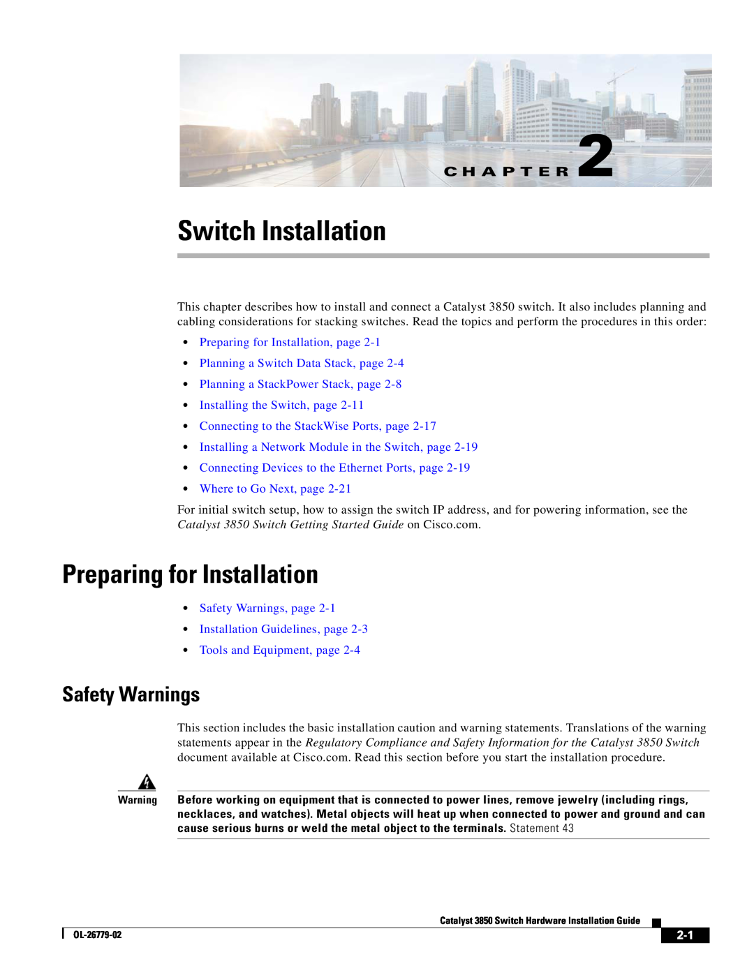 Cisco Systems C3850NM41G manual Switch Installation, Preparing for Installation, Safety Warnings, Tools and Equipment, page 