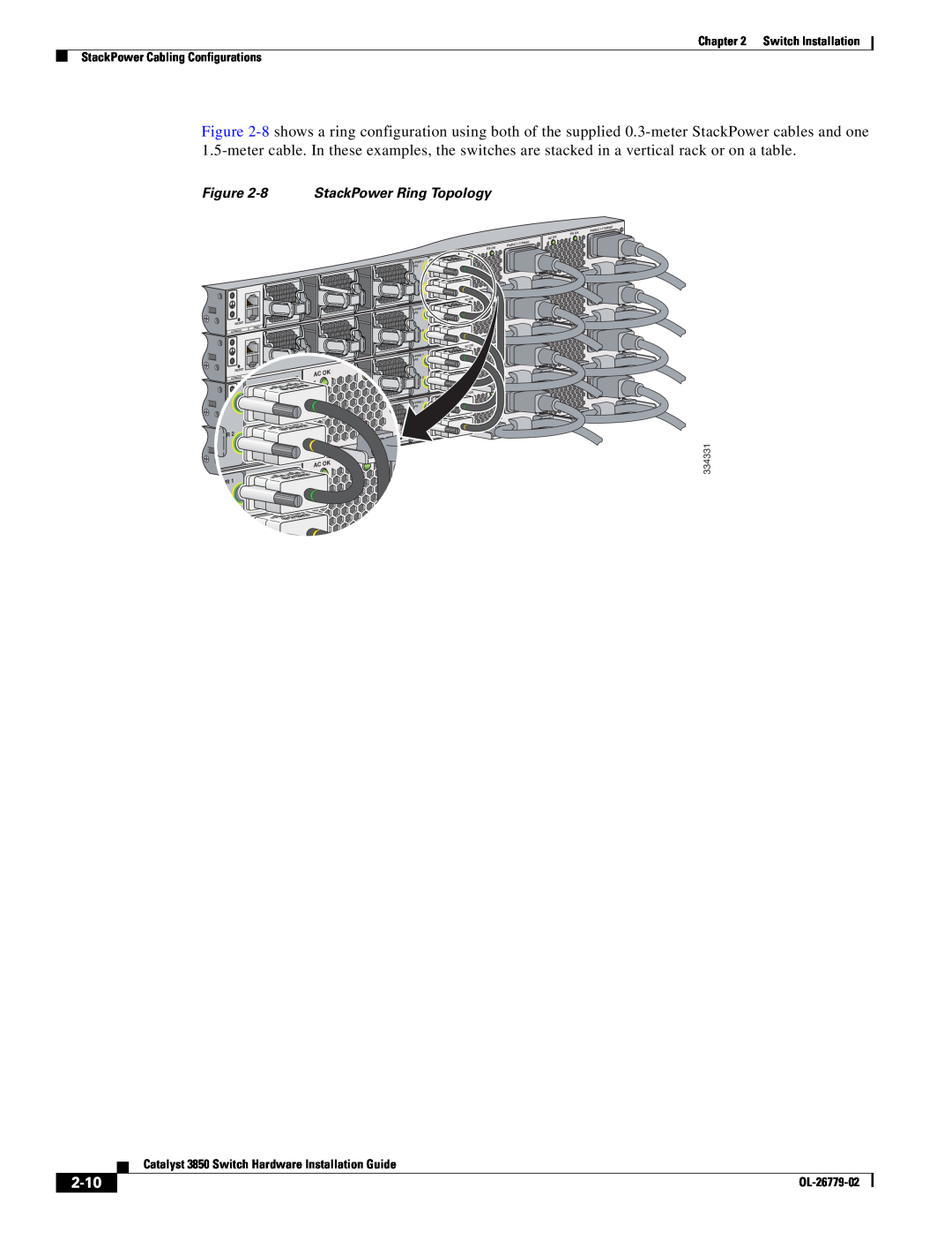 Cisco Systems C3850NM41G 2-10, StackPower Ring Topology, Switch Installation StackPower Cabling Configurations, 334331 