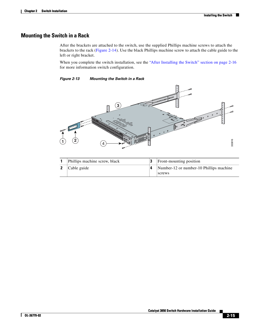 Cisco Systems C3850NM210G, WSC385024TS, C3850NM41G manual Mounting the Switch in a Rack, 2-15 