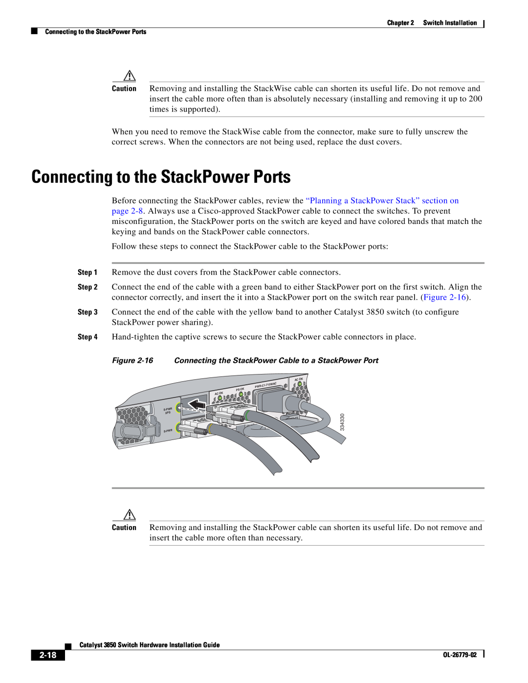 Cisco Systems C3850NM210G, WSC385024TS, C3850NM41G manual Connecting to the StackPower Ports, 2-18 