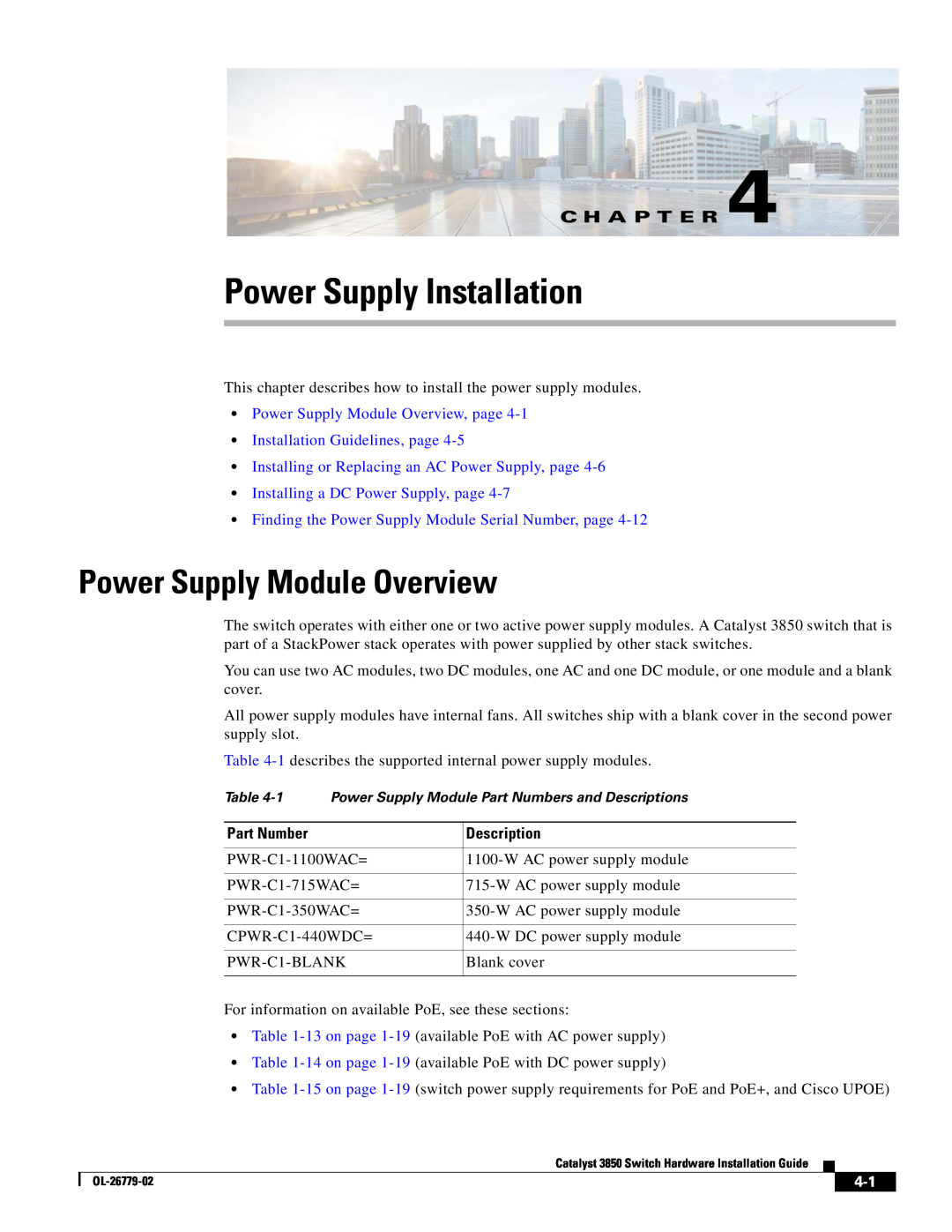Cisco Systems WSC385024TS Power Supply Installation, Power Supply Module Overview, Installing a DC Power Supply, page 