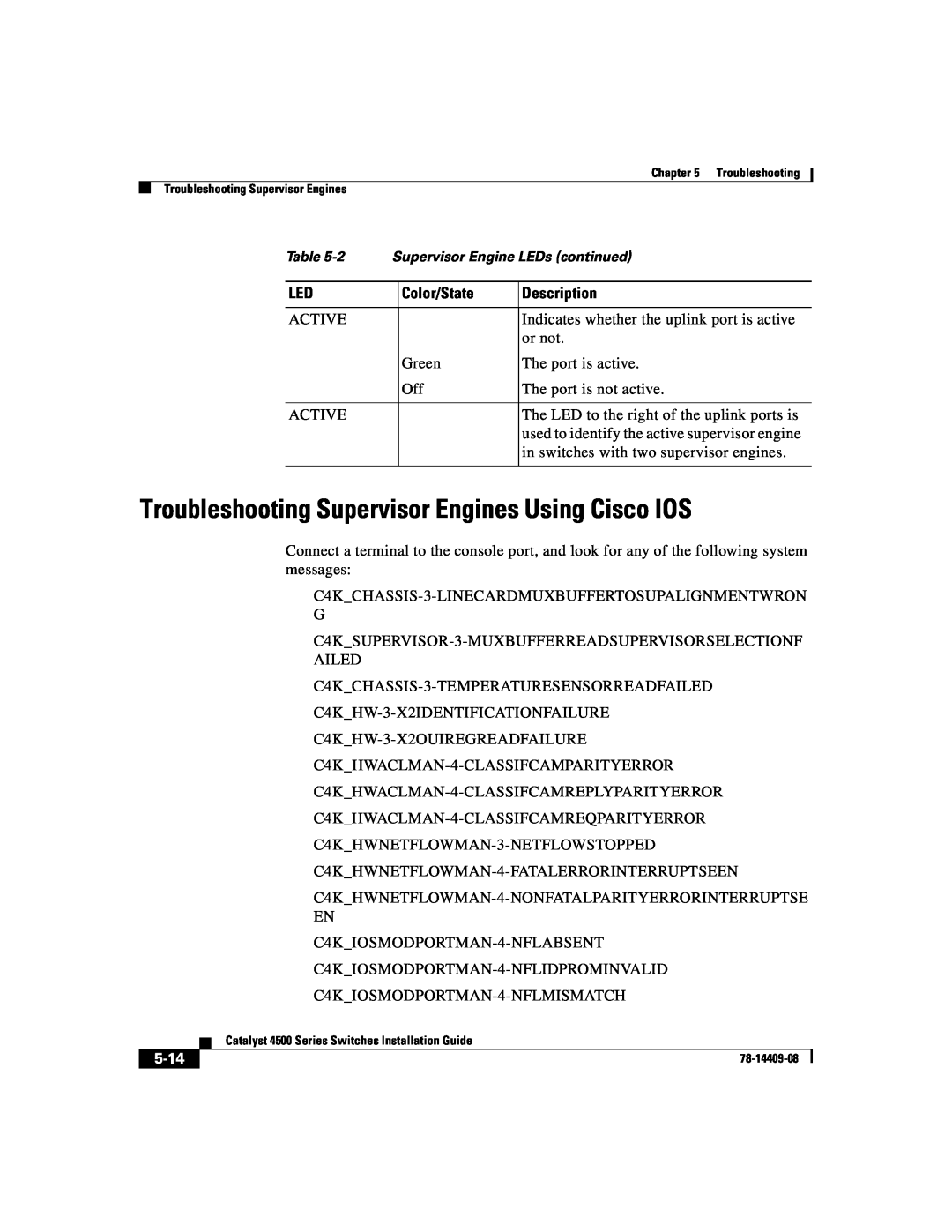 Cisco Systems WSC4500XF32SFP manual Troubleshooting Supervisor Engines Using Cisco IOS, 5-14, Color/State, Description 