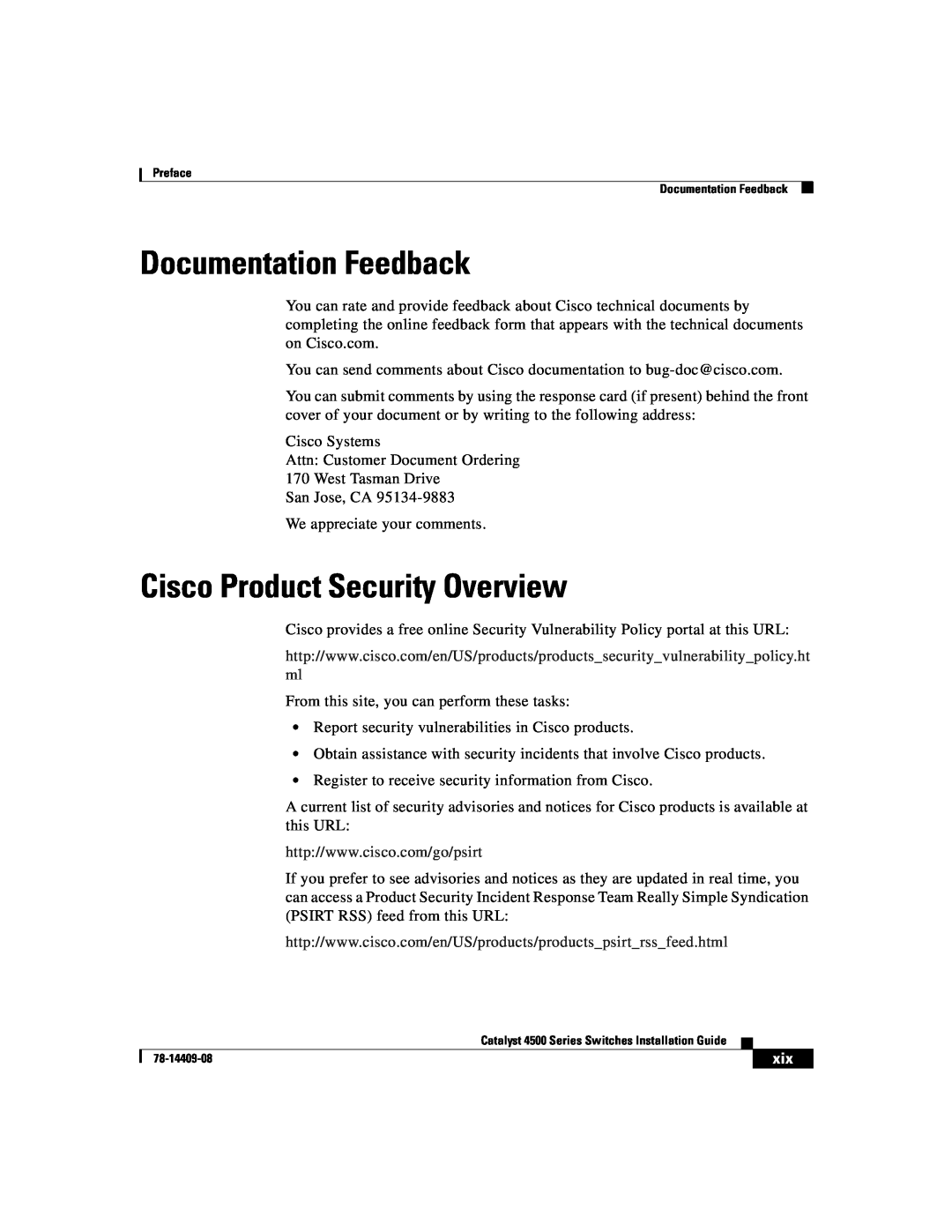 Cisco Systems WSC4500XF32SFP, WSC4500X24XIPB, WSC4500XF16SFP manual Documentation Feedback, Cisco Product Security Overview 