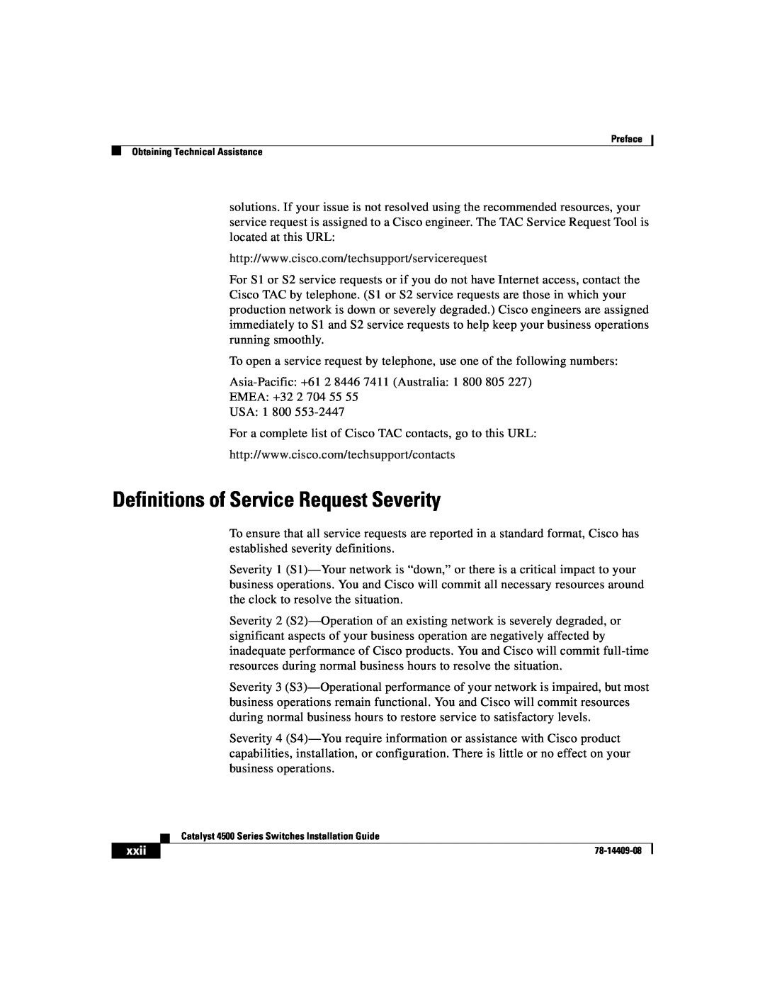 Cisco Systems WSC4500XF32SFP, WSC4500X24XIPB, WSC4500XF16SFP manual Definitions of Service Request Severity, xxii 