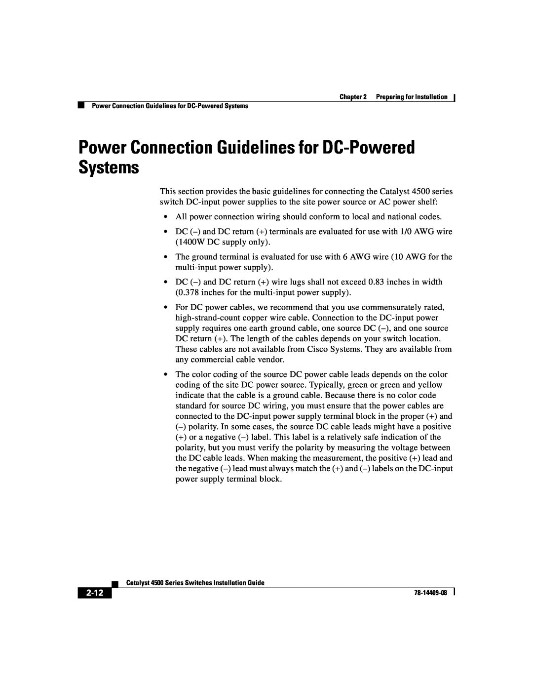 Cisco Systems WSC4500X24XIPB, WSC4500XF32SFP, WSC4500XF16SFP manual Power Connection Guidelines for DC-Powered Systems, 2-12 