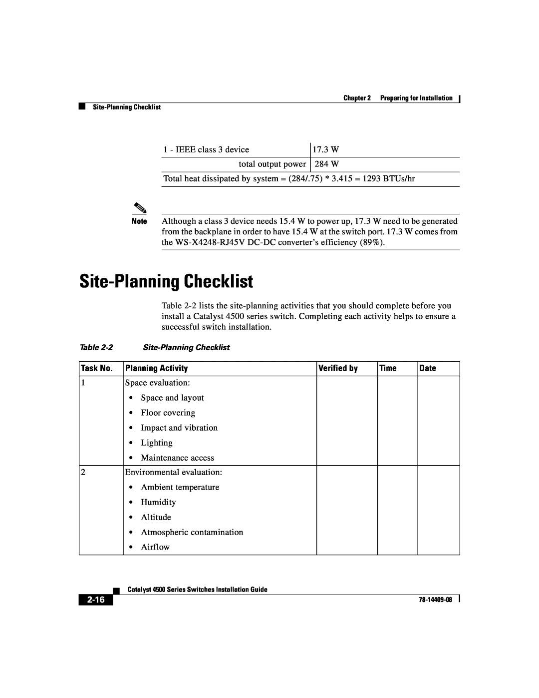 Cisco Systems WSC4500XF32SFP, WSC4500X24XIPB Site-Planning Checklist, Planning Activity, Verified by, Time, Date, 2-16 