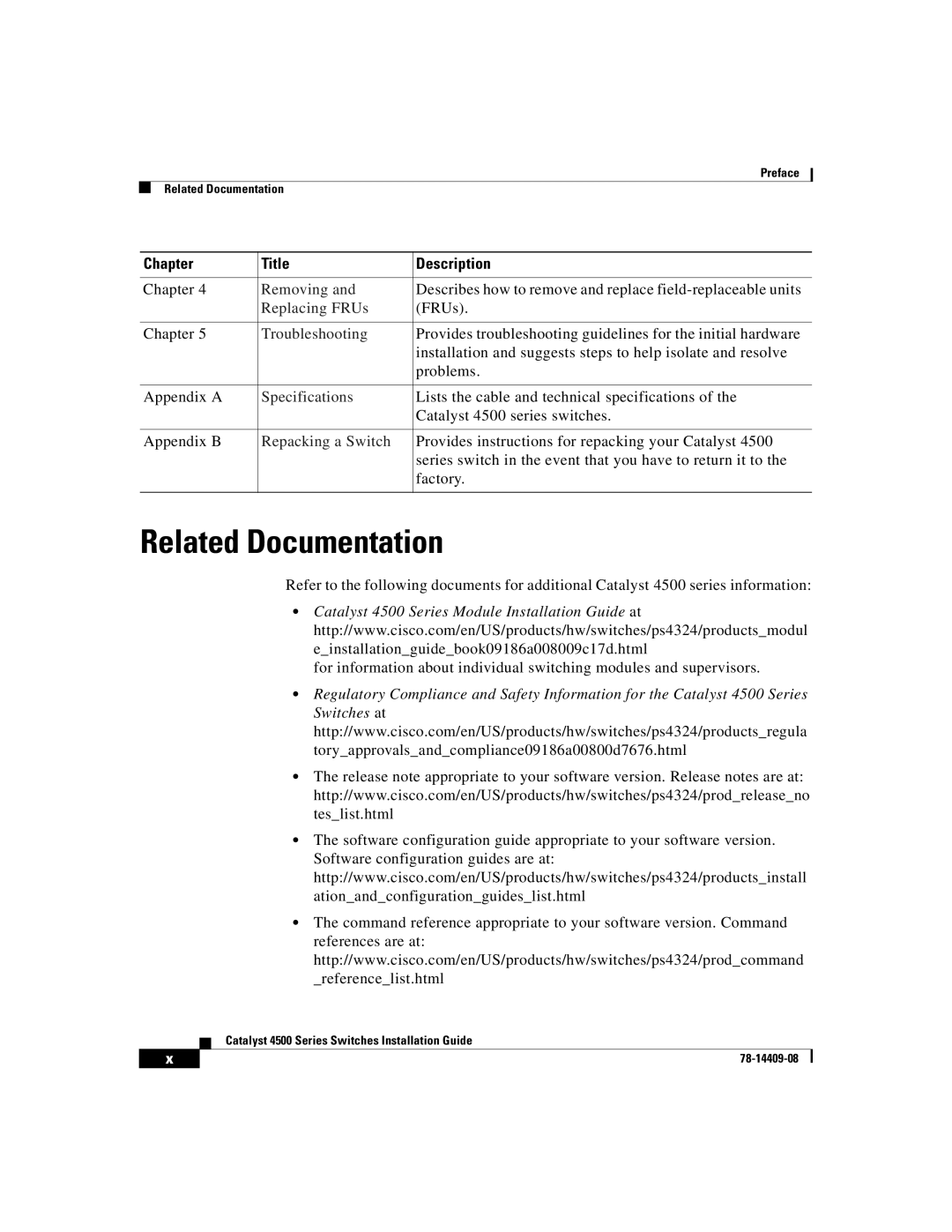 Cisco Systems WSC4500XF32SFP, WSC4500X24XIPB, WSC4500XF16SFP manual Related Documentation, Troubleshooting 